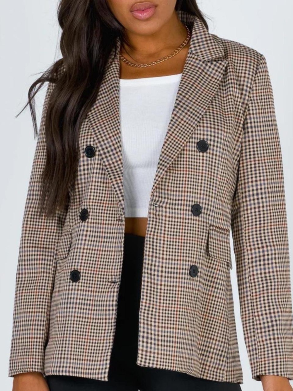 Princess Polly Checked Double-Breasted Blazer in Tan and Black